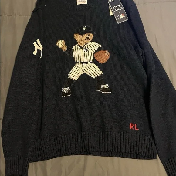 Ralph Lauren Navy Sweater with Baseball Bear - Picture 1 of 2
